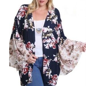 Navy & Ivory Floral Bell Sleeve Kimono Lightweight Coverup NEW
